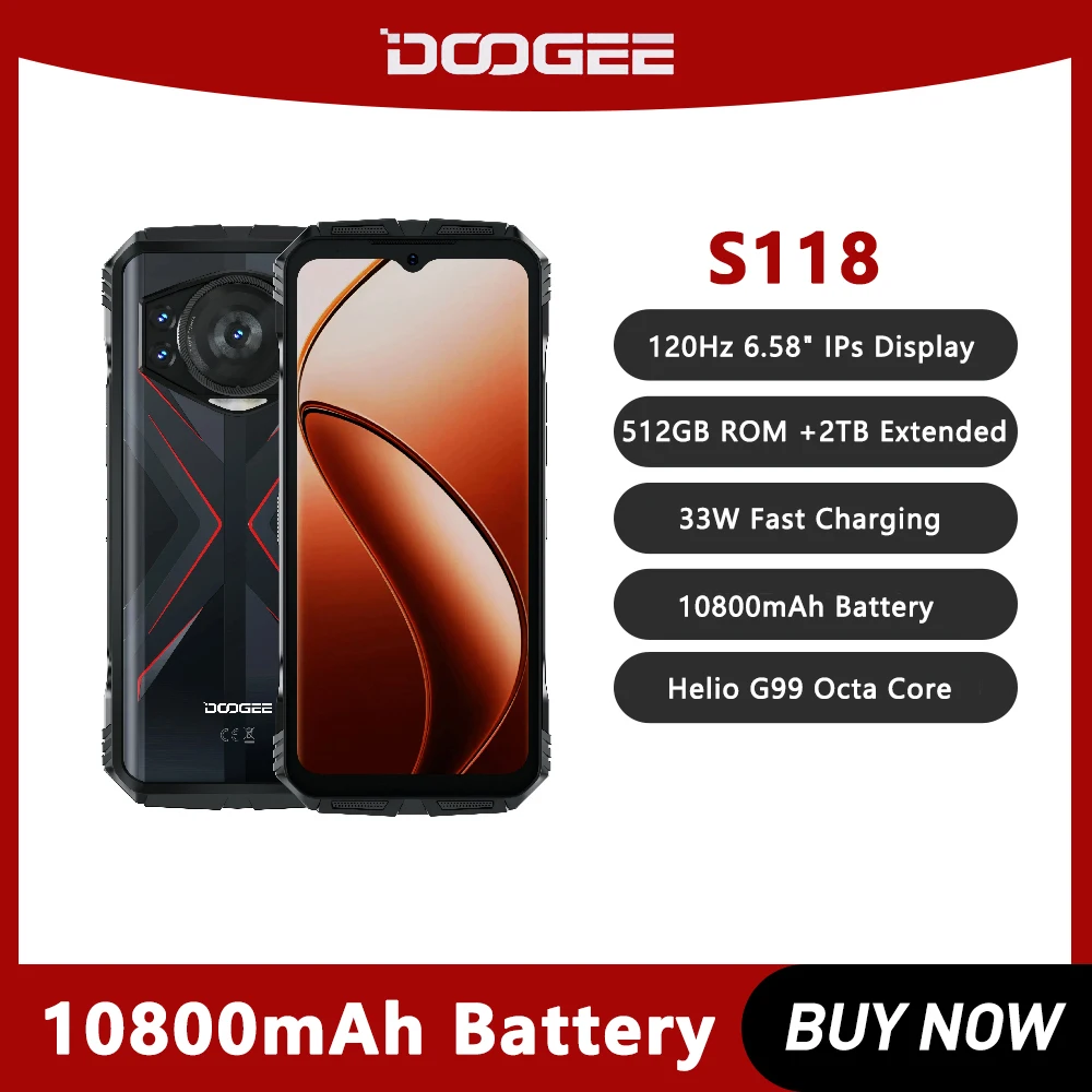 DOOGEE S118 견고한 스마트폰, 안드로이드 14, 512GB ROM, 10800mAh, 33W 고속 충전, 50MP 트리플 카메라, 휴대폰 NFC, 4G