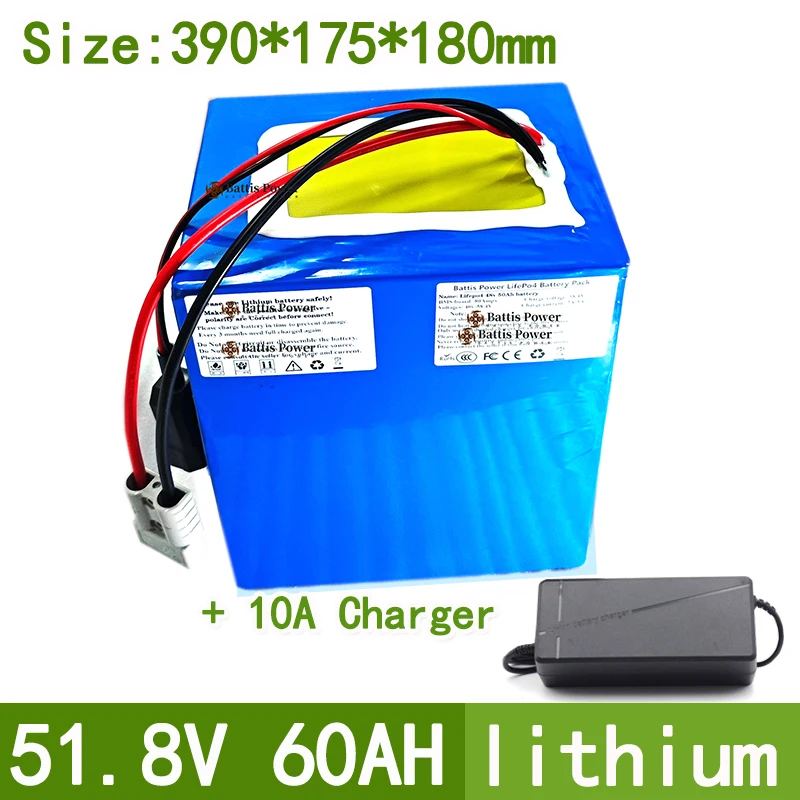 51.8V 60AH lithium ion battery BMS 14S li ion for 3000w AGV scooter bike Tricycle inverter golf cart boat + 10A Charger