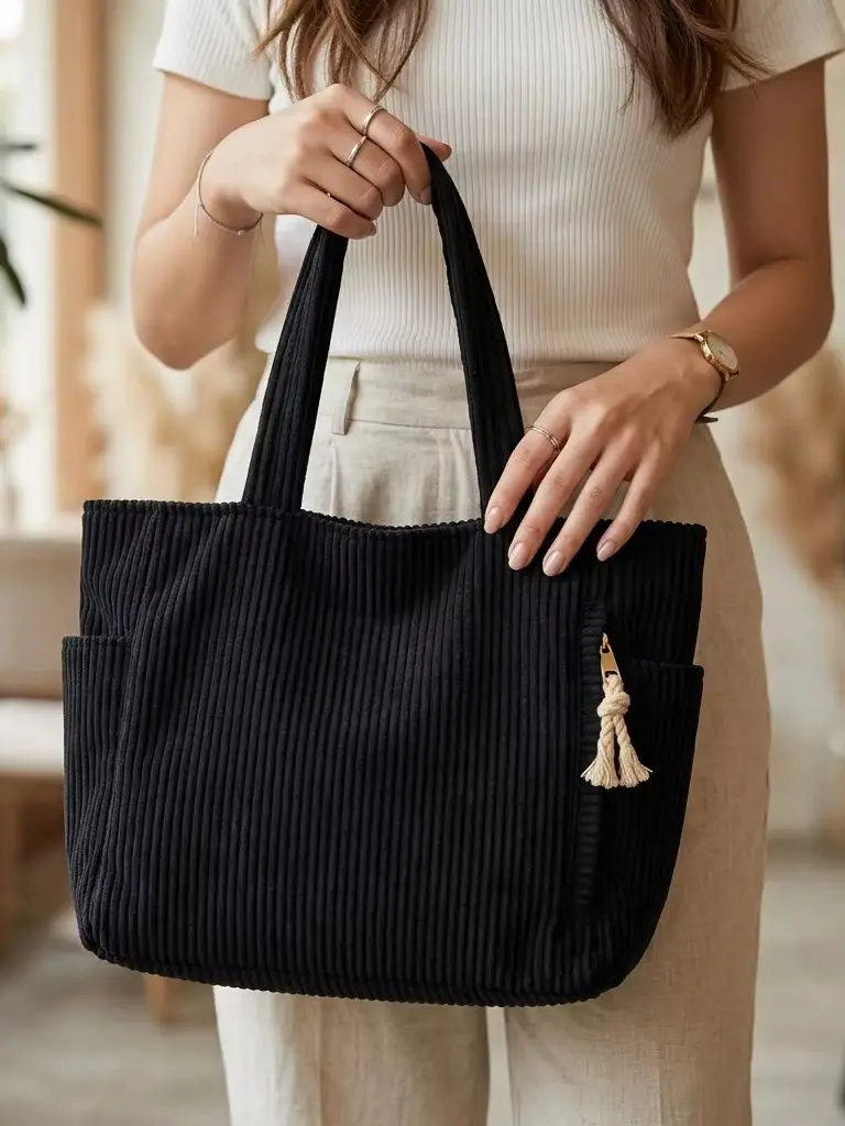 Lässige Cord-Handtasche mit Reißverschluss, leicht und geräumig, mit festem Schultergurt, einfarbig für den täglichen Pendelverkehr, Einkaufen und Ausflüge – Baigou Style Random Handbag – Detail 6