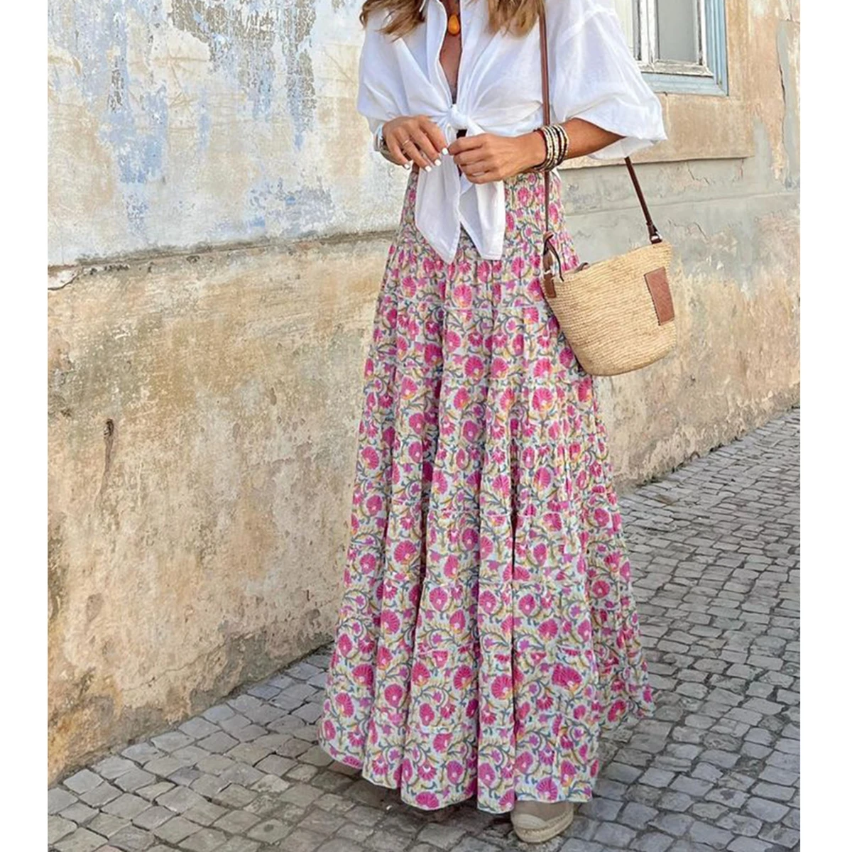 

Women's Summer Long Skirt Large Hem Floral Print Elastic High Waist A-line Skirt for Beaches Club Streetwear