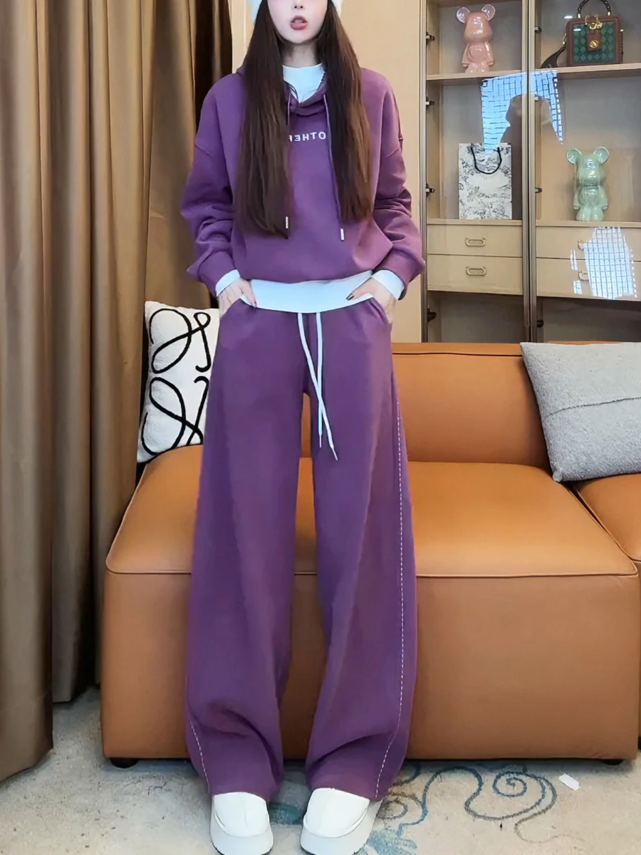 

Fashionable Purple Casual Sportswear Set Women's Winter New Style Trendy Brand Hoodie Wide Leg Pants Two Piece Set
