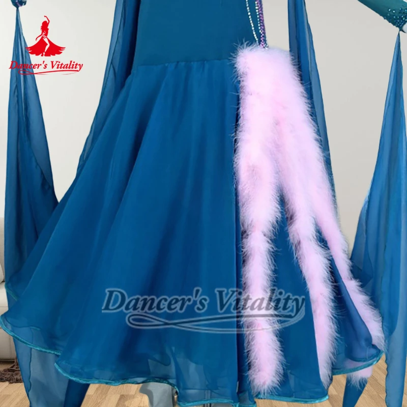 Adult Waltz Competition Clothes Women Social Dance Peacock Blue Unilateral Sleeves Wrapped Hips Dresses Custom Dancer's Vitality