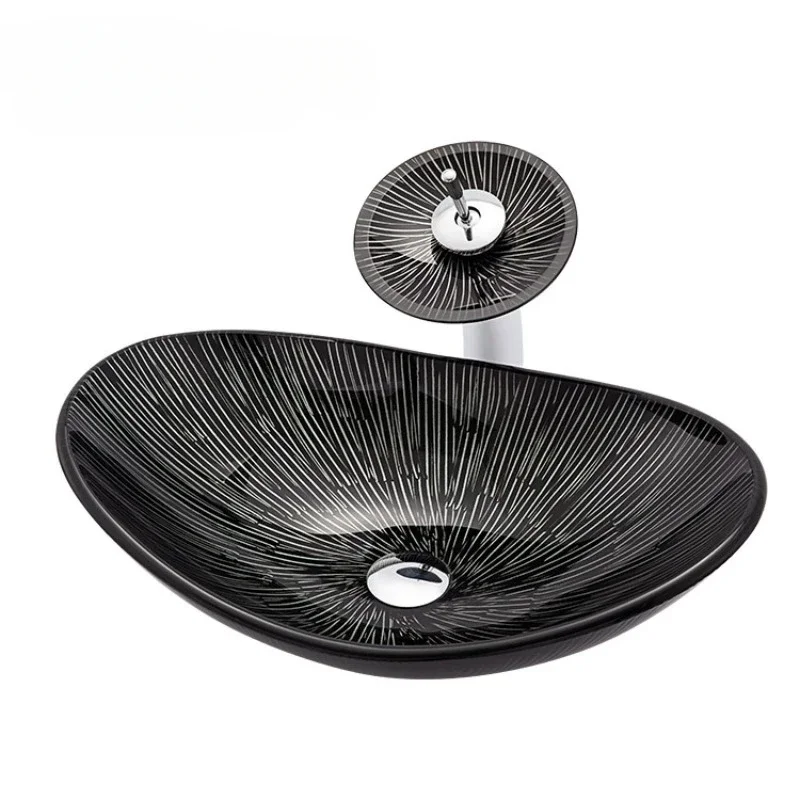 Tempered Glass Bathroom Sink Round or Square Washbasin with Drain Modern Black Striped Countertop Basin for Hotel and Home