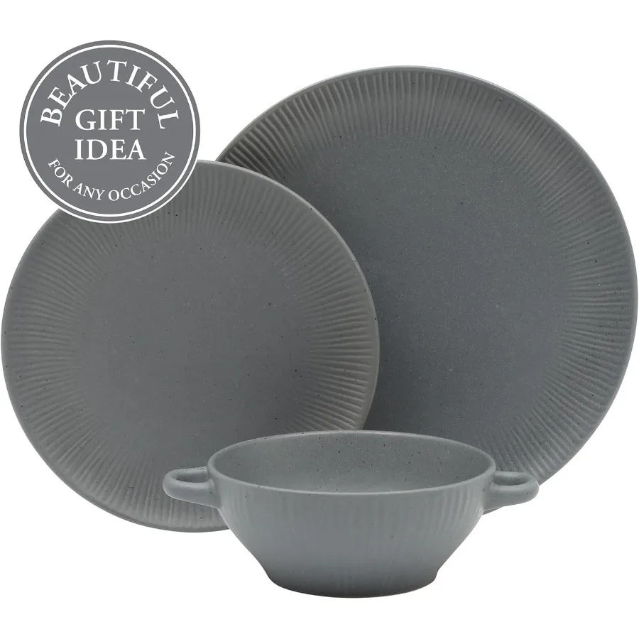 Conjunto de louça de grés Clover Hill, 12 peças, azul escuro, placas e tigelas em relevo com serviço de esmalte reativo moteado fosco para