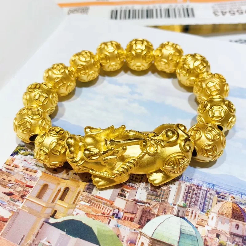 Goldpure Pixiu سوار 999 الذهب 24K الذهب الحقيقي الرجال سوار غني بوذا حبة سوار المال حبة سوار