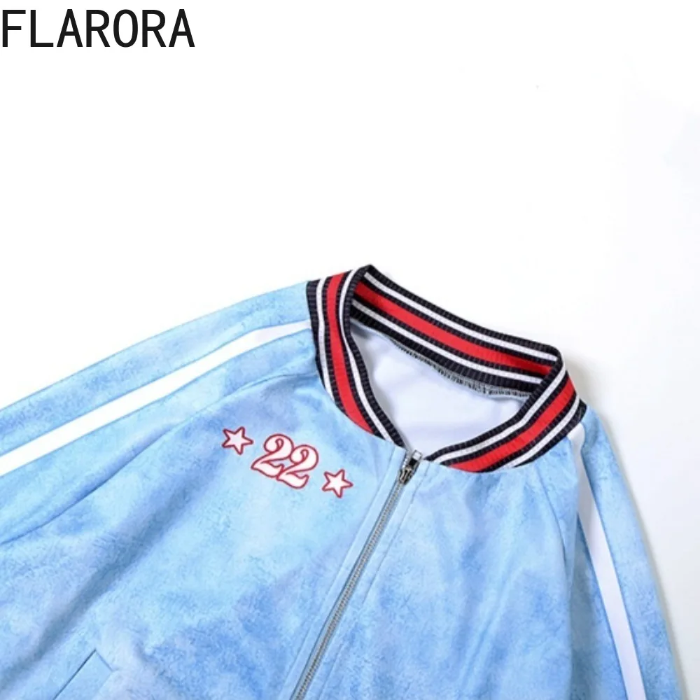 FLARORA Fashion Tie-Dye Print 2 Piece Sets Woman Stripe Patchwork Zip Crop Jacket And Flare Pants Outfits Fall Street Tracksuits