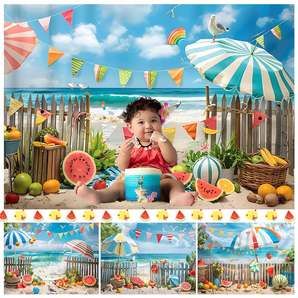 Summer Beach Photography Background Seaside Fruit Watermelon Parasol Ball Vacation Party Decor Baby Adult  Photo Studio Props