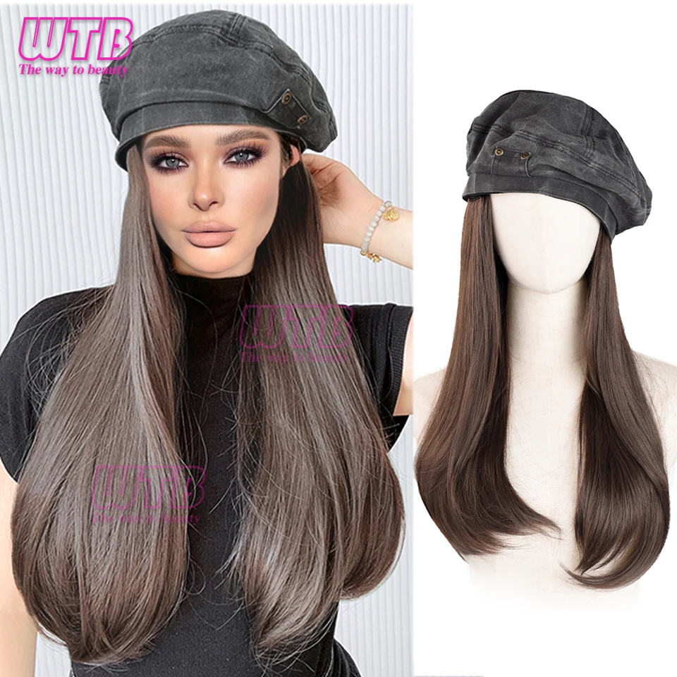 WTB Hat Wig Fashion Women\'s Denim Beret Synthetic Long Straight wig Winter Hat Wig Hat One-piece Wig Keeps Warm and Fashionable