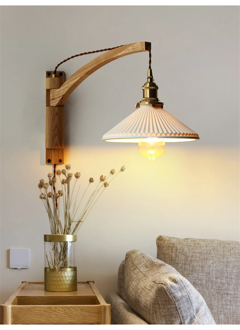 Lámpara de pared de madera maciza ajustable japonesa, pantalla de cerámica, luz de lectura de cabecera de dormitorio, luces LED de pared Retro Vintage Fexible