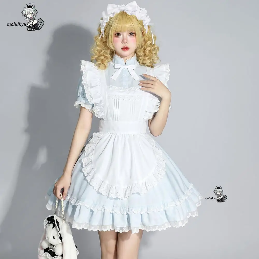 

Blue White Lolita Maid Dress Women Alice In Wonderland Cosplay Costume Kawaii Lace Ruffle Apron Dress for Halloween Cute Gift