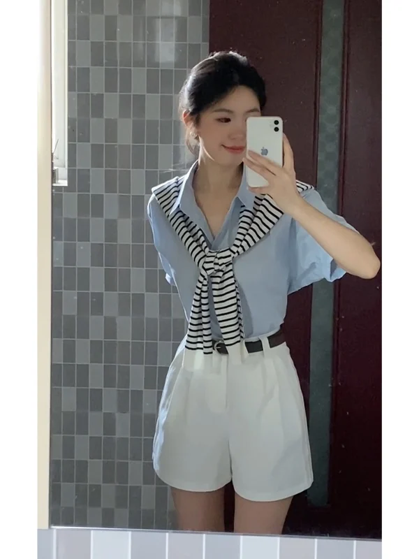 

Blue irt Wide Leg Pants Stripe awl Tee Piece Set Women's Faion Summer 2025 Korean Sle College Wind Polyester Fiber