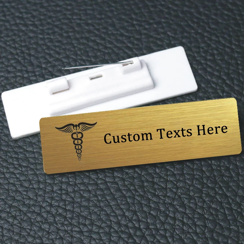 Custom Name Badge Beautician Brushed Golden Stainless Steel Tag Engraved Black Texts  - 7X2cm Non Fading Metal ID Tag Pin Holder