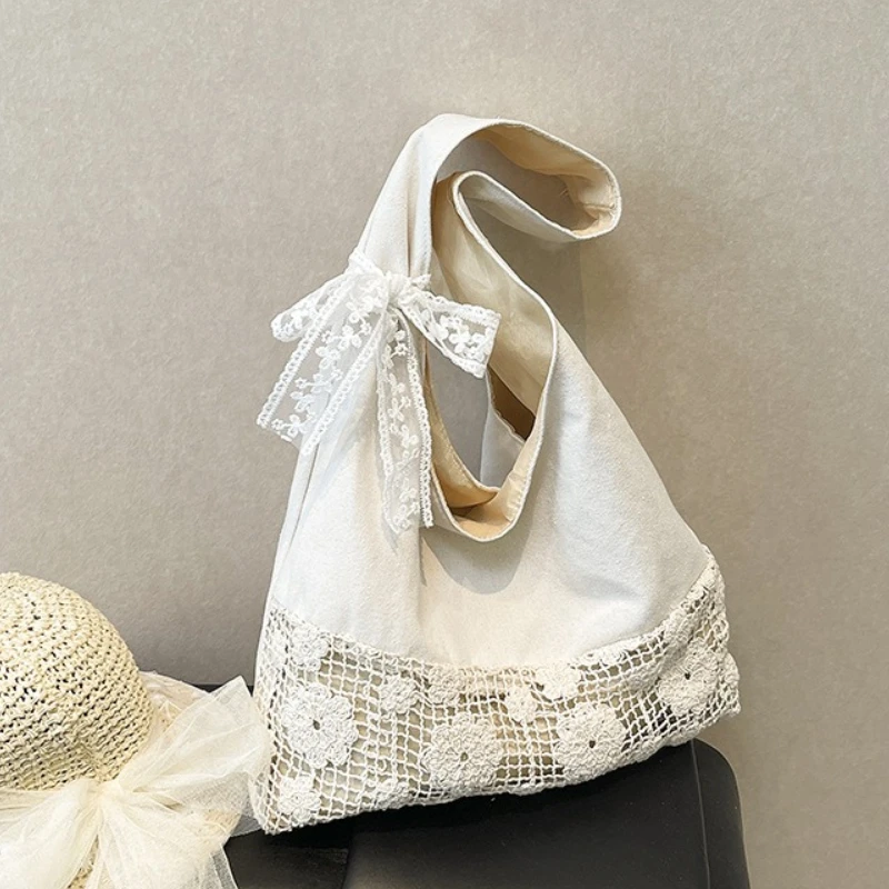 Hollow Design Women's Canvas Shoulder Bags Vintage Flower Ladies Travel Beach Tote Handbags Sweet Lace Female Vest Bag Purse