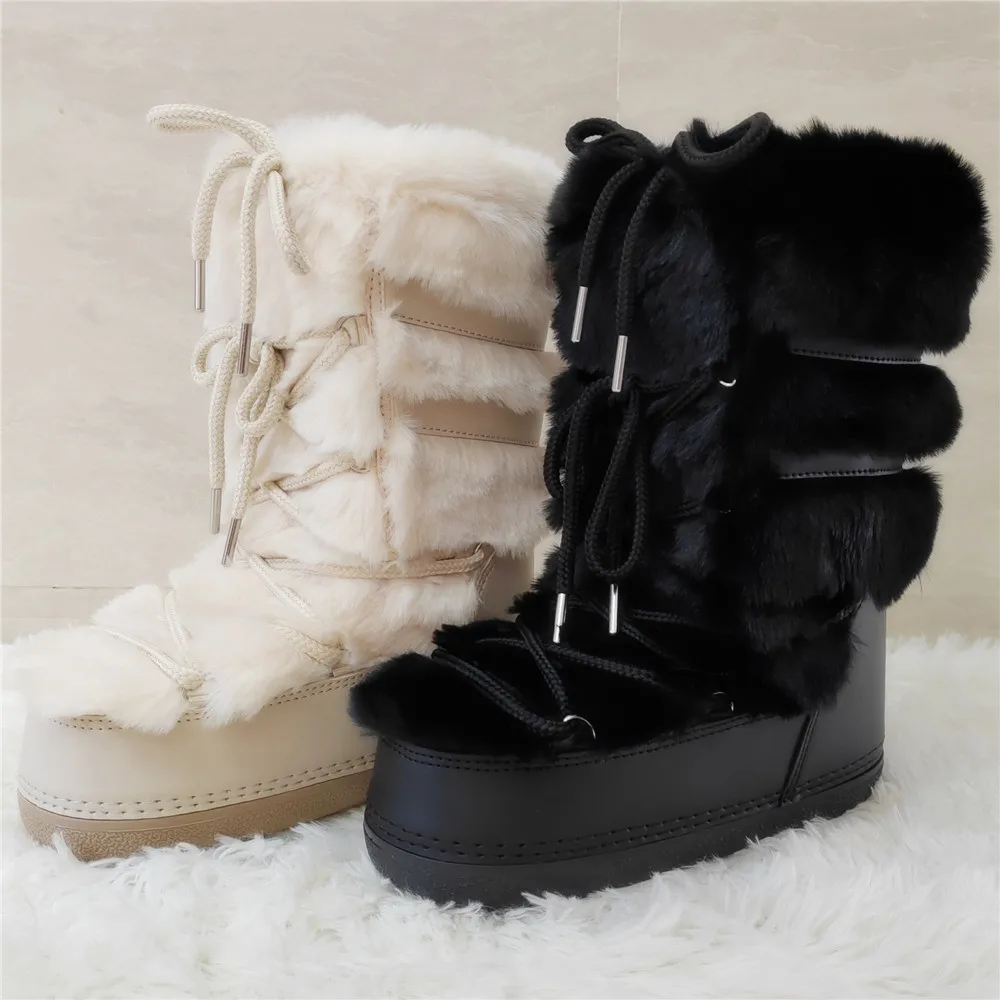 2024 Winter Snow Boots Mid-calf Lace-up Rabbit Fur Women Ski Boots Female Platform Waterproof Leather Black White Fur Boots