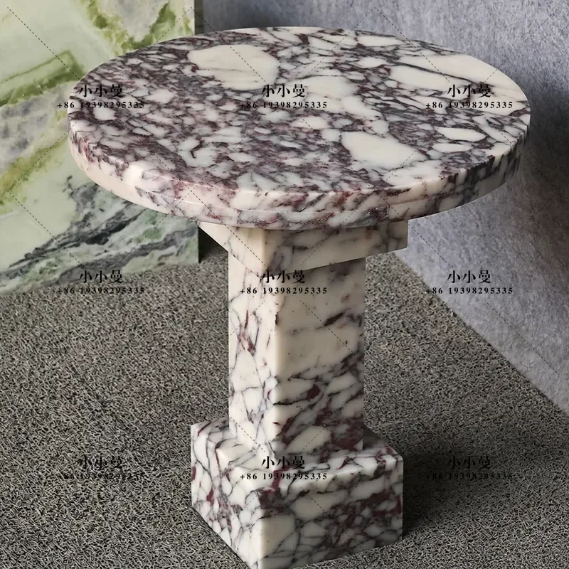 Purple Edge Round Coffee Table Natural Marble Stone Low Cylindrical Side Table for Garden Balcony Living Room Wholesale