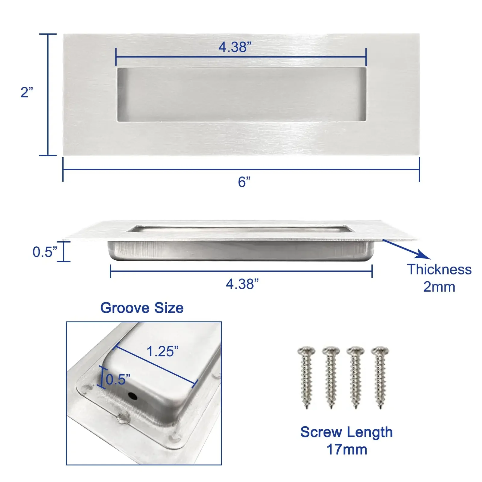 Manija empotrada de acero inoxidable para puerta corredera, tirador Invisible de madera, 2 piezas, Plata