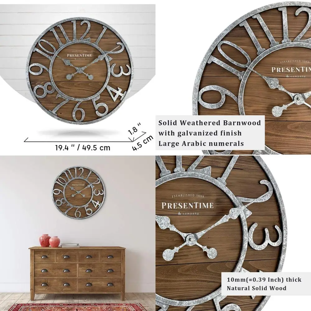 

Настенные часы в деревенском стиле из состаренного дерева, 19,5 дюймов, с оцинкованными арабскими цифрами, декор для фермерского дома