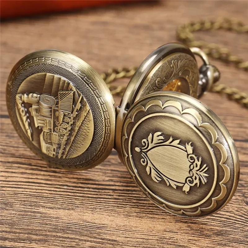 Steampunk Railway Steam Train Pattern Men Women Hand Wind Mechanical Pocket Watch FOB Chain Double Hunter Pendant Chain Clock