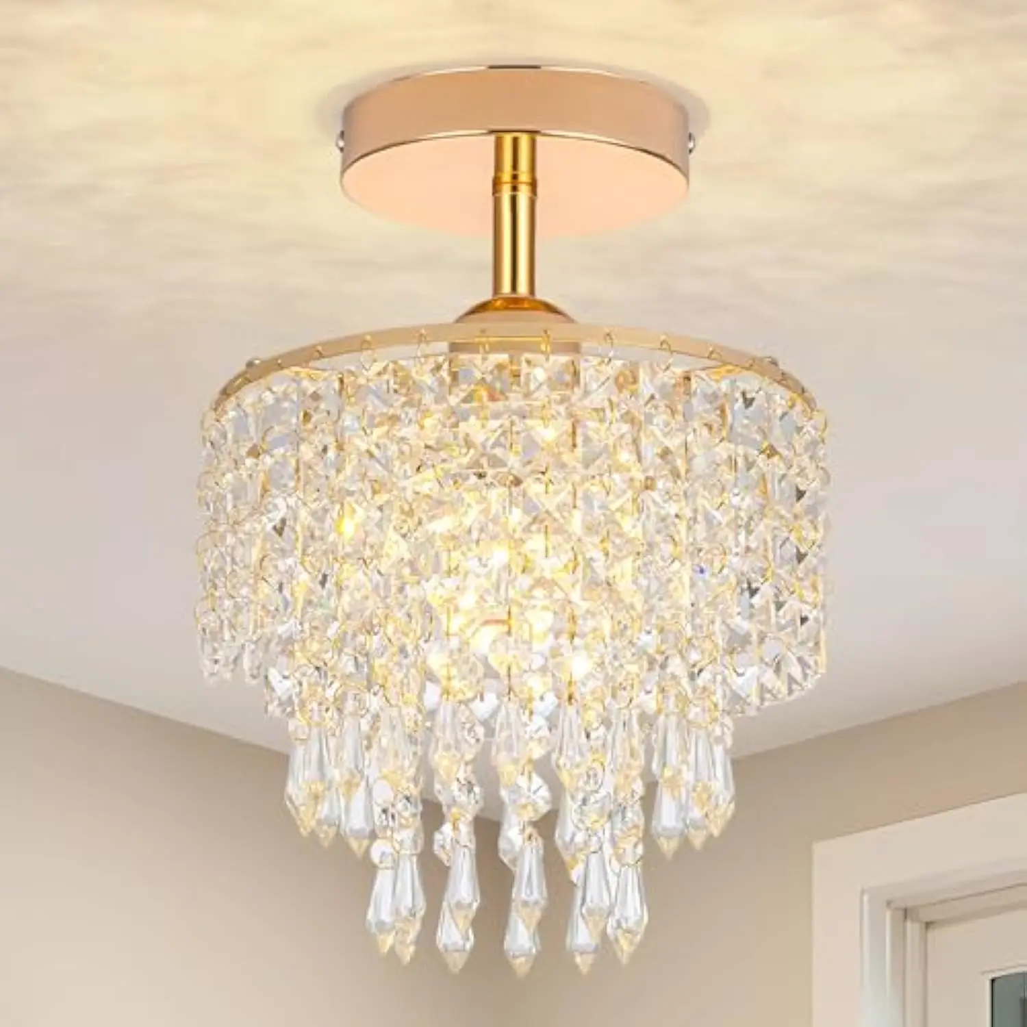 

Mini Crystal Chandelier 3-Tier Crystal Raindrop Semi Flush Mount Ceiling Light Fixture Crystal Chandeliers for Bedroom Kitchen