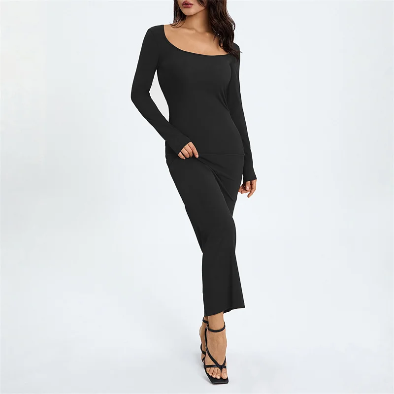 

Fall Spring Casual Party Bodycon Dresses Women Solid Low Cut Long Sleeve Slim Stretch Long Dress Female Ribbed Knit Streetwear