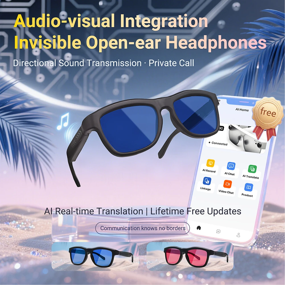 

5.4 Smart Bluetooth Glasses with AI Translation Voice Assistant Adjustable Lens Tint Long-Endurance Outdoor Sports Headphones