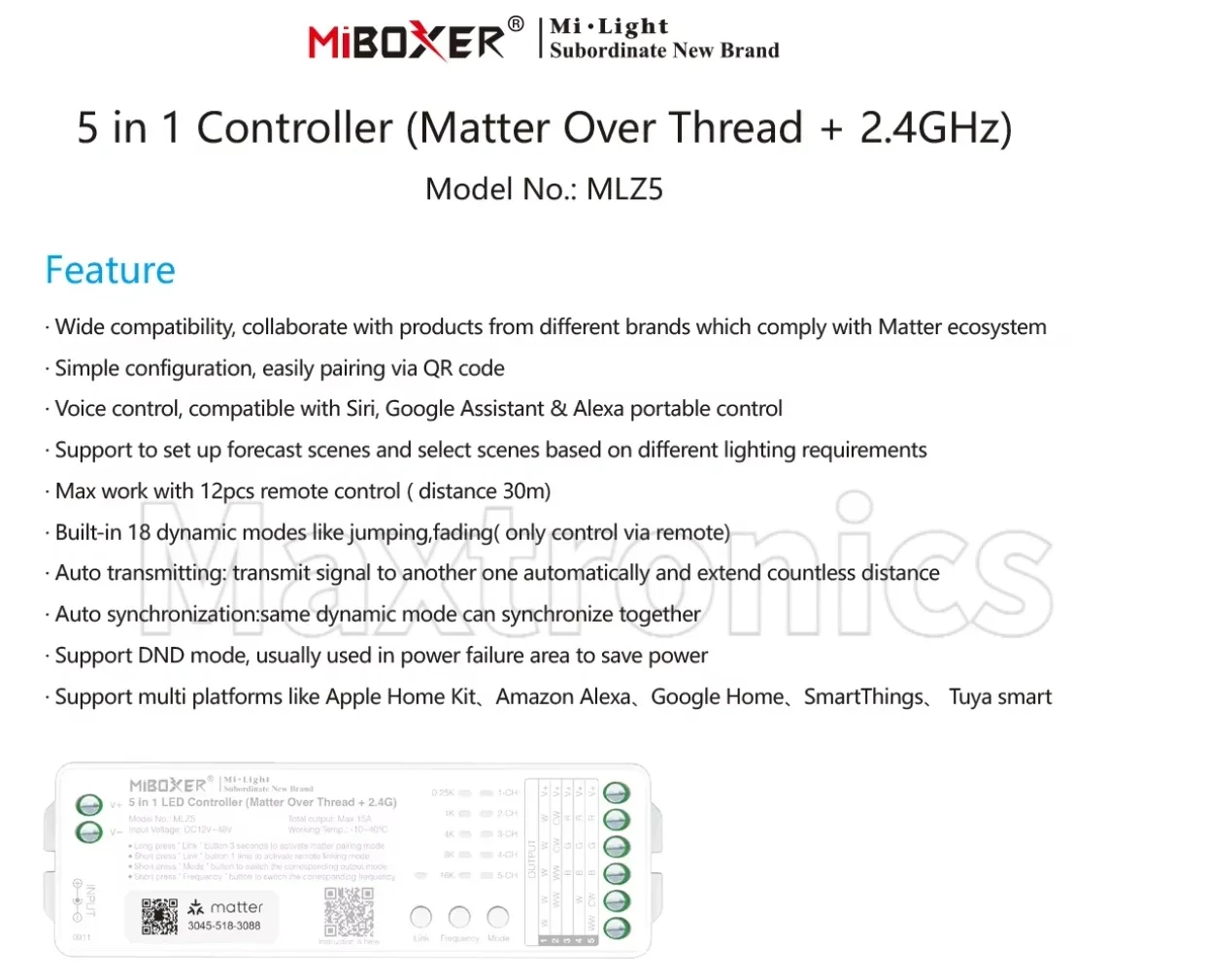 MiBoxer SMZ2 Tuya Voice APP (Matter Over Thread+2.4G) SMZ5/ MLZ5 5 in 1 LED Controller for DIM/RGB/RGBW/RGBWW/RGBCW/RGBCCT Strip