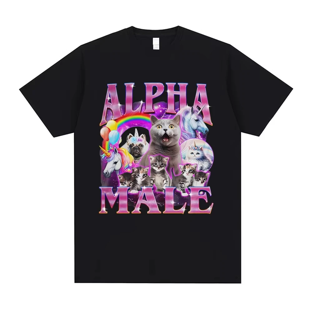 Camiseta con estampado de meme divertido de gato unicornio Alpha Male para hombre y mujer, camiseta informal Vintage de manga corta de algodón de gran tamaño, ropa de calle Unisex