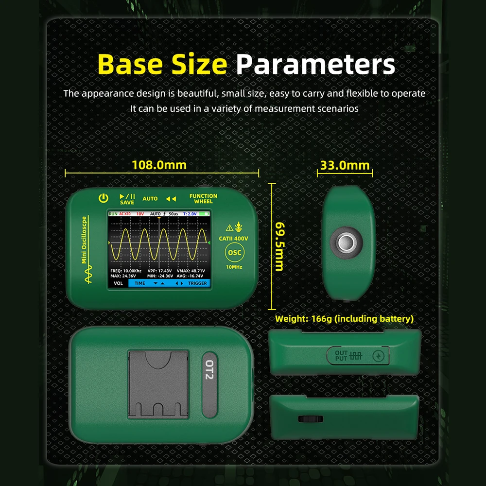 OT2 Oscilloscope Multimeter Signal Generator 10MHz 48MSa/s 2IN1 Waveform Output Handheld Battery LCD Multimeter Graphic Tester