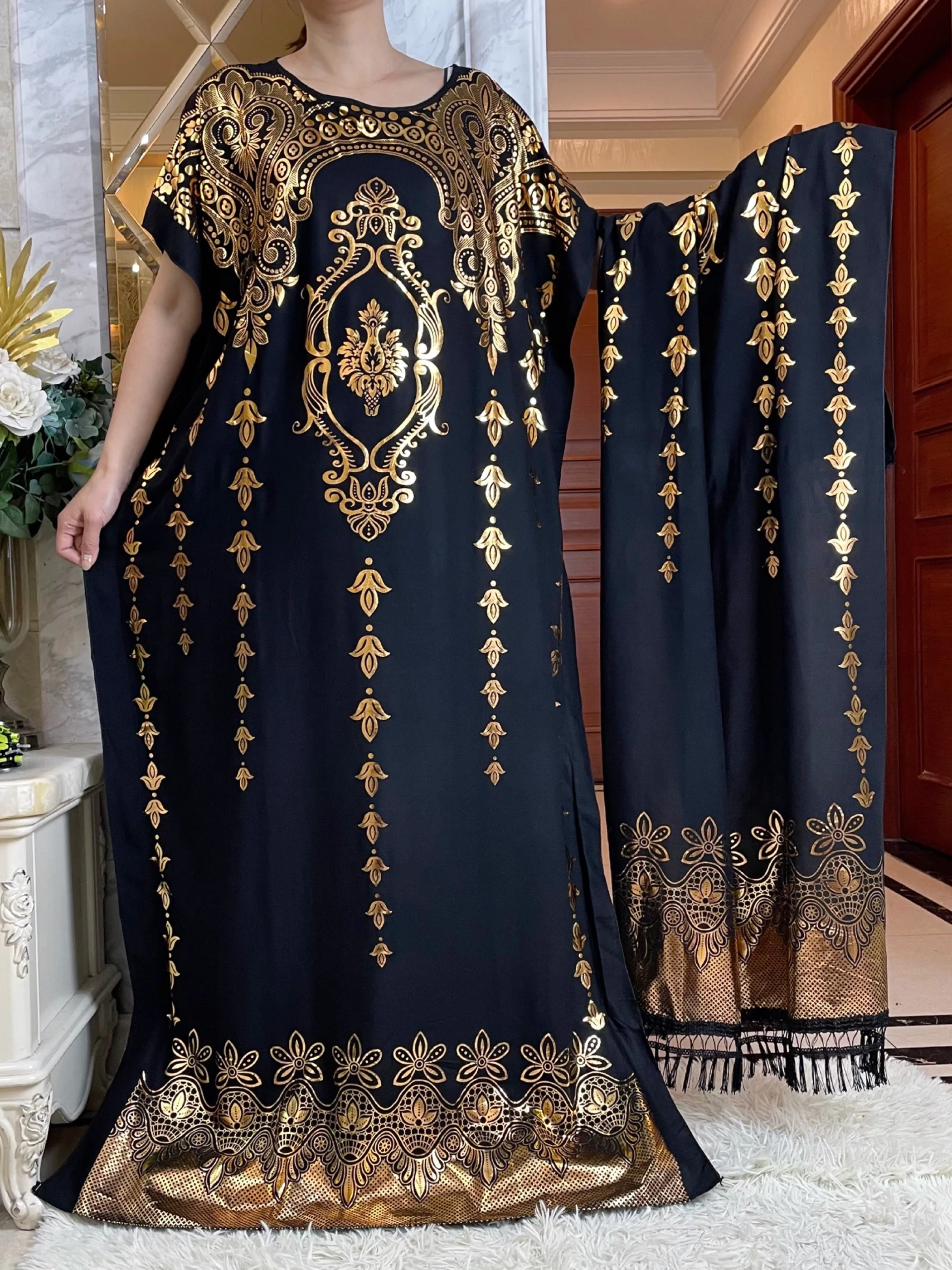 Vestido largo de algodón para mujer, Túnica musulmana de manga corta con estampado dorado, holgada con bufanda grande, Abaya africana, 2024