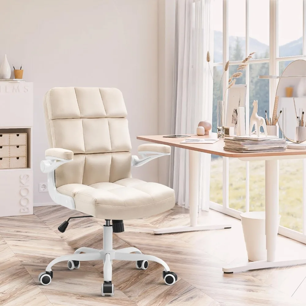 Silla de oficina de tela de terciopelo, cómoda silla de escritorio para computadora, silla ejecutiva ergonómica con soporte Lumbar, Beige