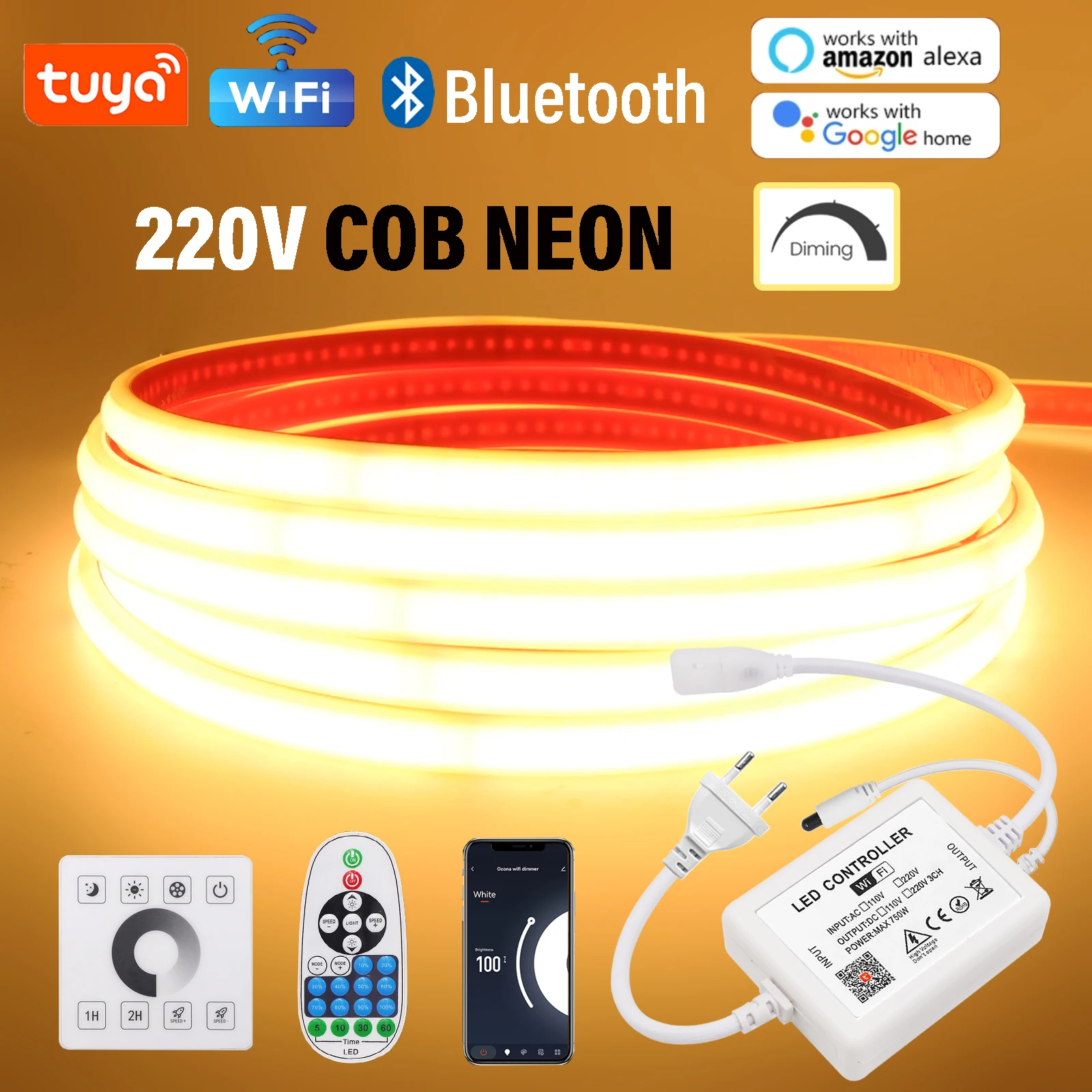 Tuya app wifi bluetooth controle cob led luz de tira 220v com fita adesiva 240leds/m fita de tira de néon à prova dwaterproof água fita flexível