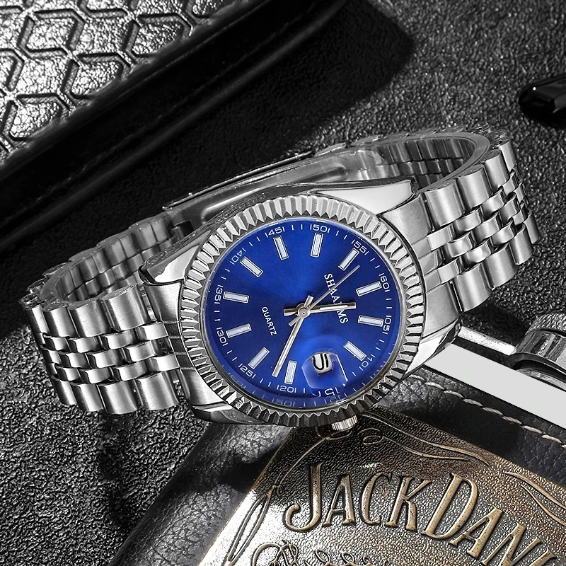 Watches Mens Top Brand Luxury Blue Watch Calendar With Stainless Steel Band Fashion Business Quartz Wristwatch Relogio Masculino