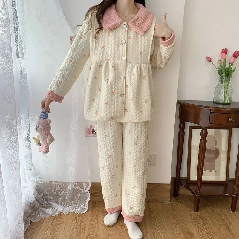 2024 New Air Cotton Nursing Clothes Autumn Winter Cotton Padded Pregnant Women Pajamas Adjustable Warm Homewear Two-piece Suit