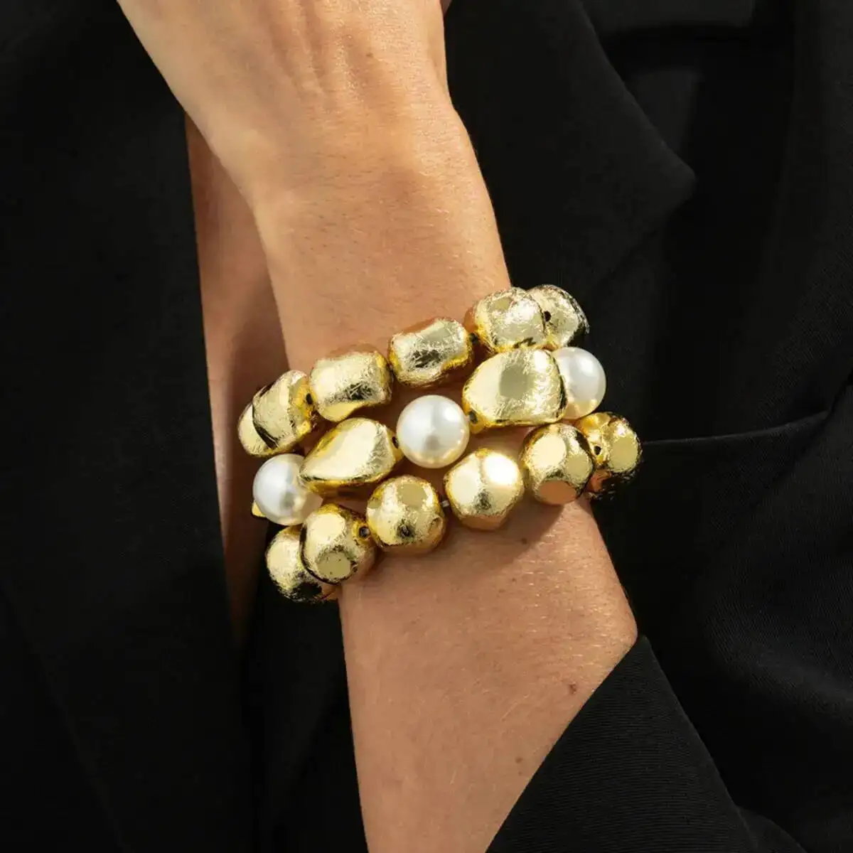 

KunJoe 3Pcs/Set Luxury Stacked Imitation Pearl Elasticity Bracelet Women Vintage Gold Color Irregular Acrylic Beaded Bracelet