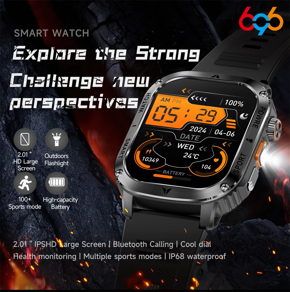 

Weather Outdoors Flashlight 100+ Sport Modes Blue Tooth Call Smart Watch Health Bracelet Waterproof Fall prevention Smartwatch