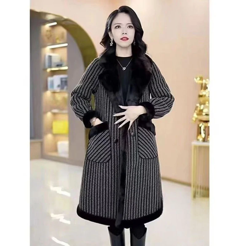 Autumn Winter Plush Thicken Woolen Coat For Women Korean Casual Loose Add Velvet Warm Plaid Wool Overcoat Female Long Jacket 4XL