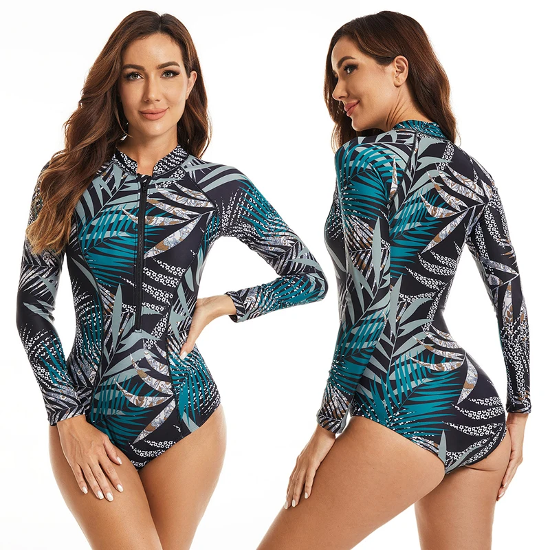 Vintage Print Women One Piece Swimsuit Rash Guard Rashguards Long sleeve swimwear swim suit Bathing Suit beachwear Bodysuit May