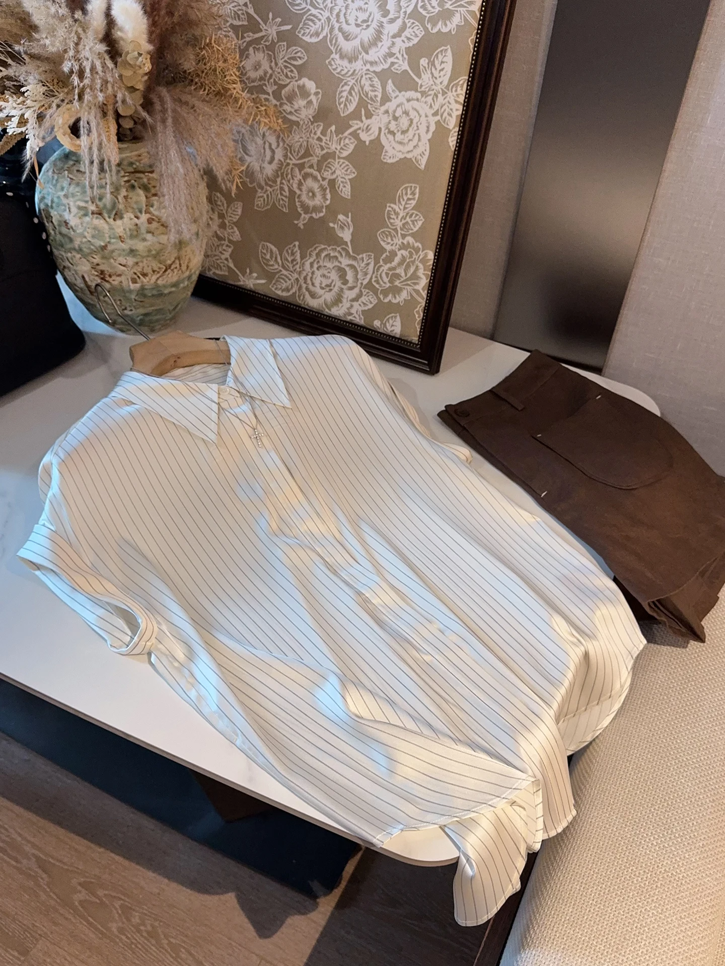 Silk Stripe Shirt Women's Summer Slim Fit Short Sleeve Commute Friendly Comfortable Skin Friendly Breathable Korean Style
