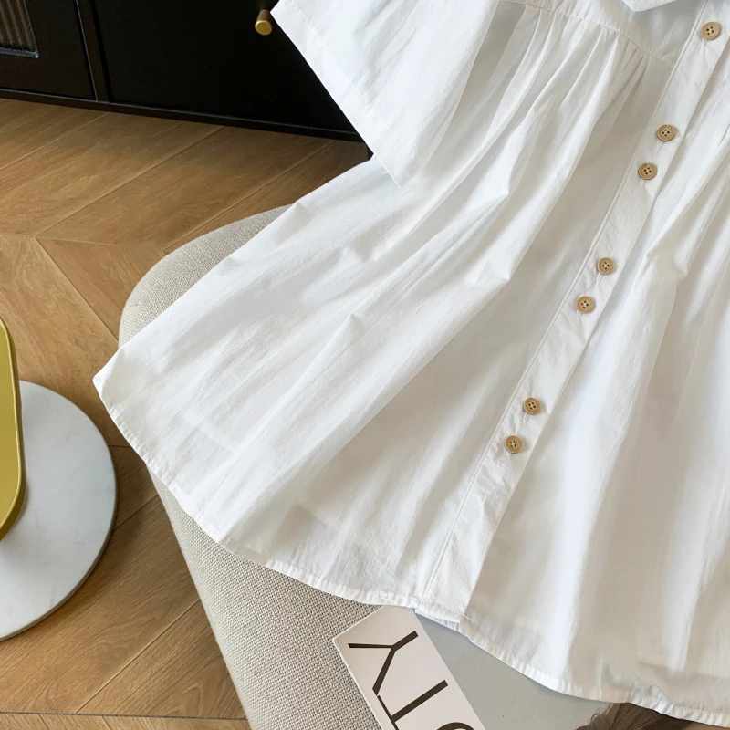 Sweet Peter Pan Collar Cotton Blouse Women Summer 2025 Puff Sleeve Gold Button Short Shirt French Vintage Doll Tops Cute Style