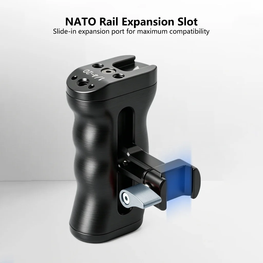 Universeller 1/4-Zoll-Schraub-/NATO-Schienen-Seitengriff aus Aluminium für Kamerakäfige mit Cold-Shoe-Halterung für DJI Ronin Gimbal Stabilisatoren – Detail 6