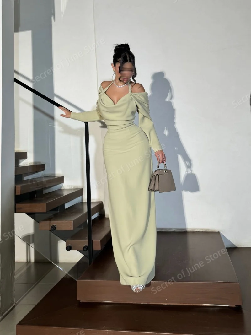 우아한 연녹색 여성용 맞춤형 오프숄더 긴팔 롱 이브닝 드레스, 새틴 갈라 가운