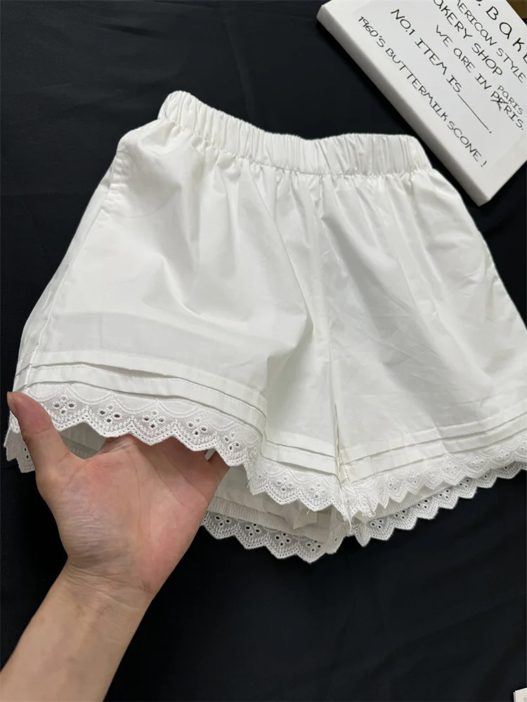 

Белые повседневные широкие шорты для женщин, летние, для дома и улицы, свободные, с высокой талией, с кружевной отделкой, спортивные, пляжные, модные.