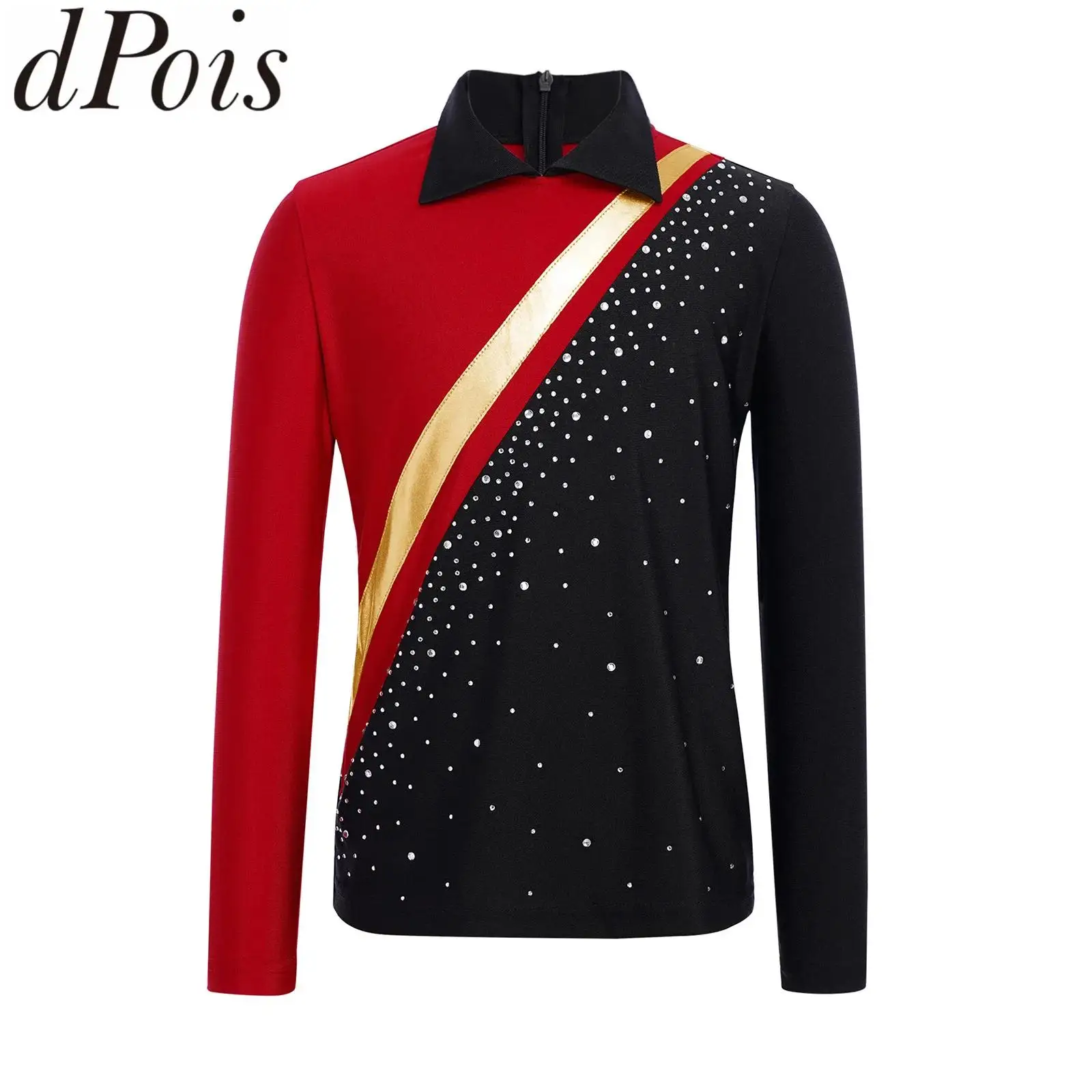 

Детские рубашки для фигурного катания, танго, джаза, балета для мальчиков, контрастные цвета, танцевальная одежда с длинными рукавами, блестящие стразы, топы на молнии