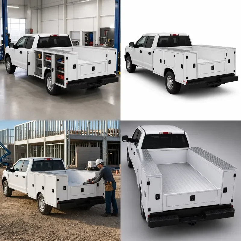 Custom Aluminum Service Body for F-150 Pickup Truck with Lockable Side Tool Compartments Durable Utility Bed Cap