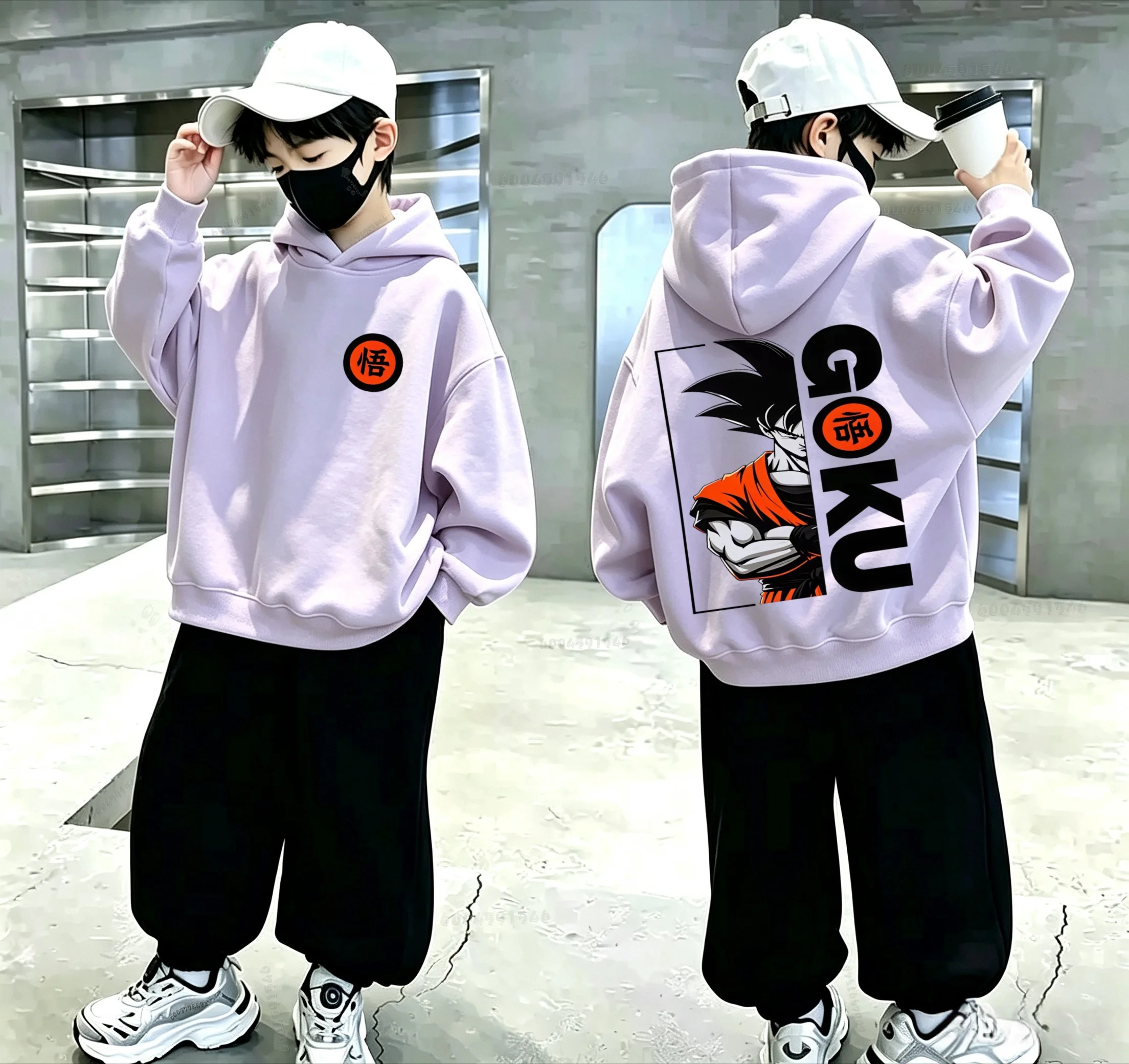 Trendy Children's Hooded Sweatshirt - Goku from Dragon Ball on a Motorcycle - Double-sided Print for Kids' Streetwear Top