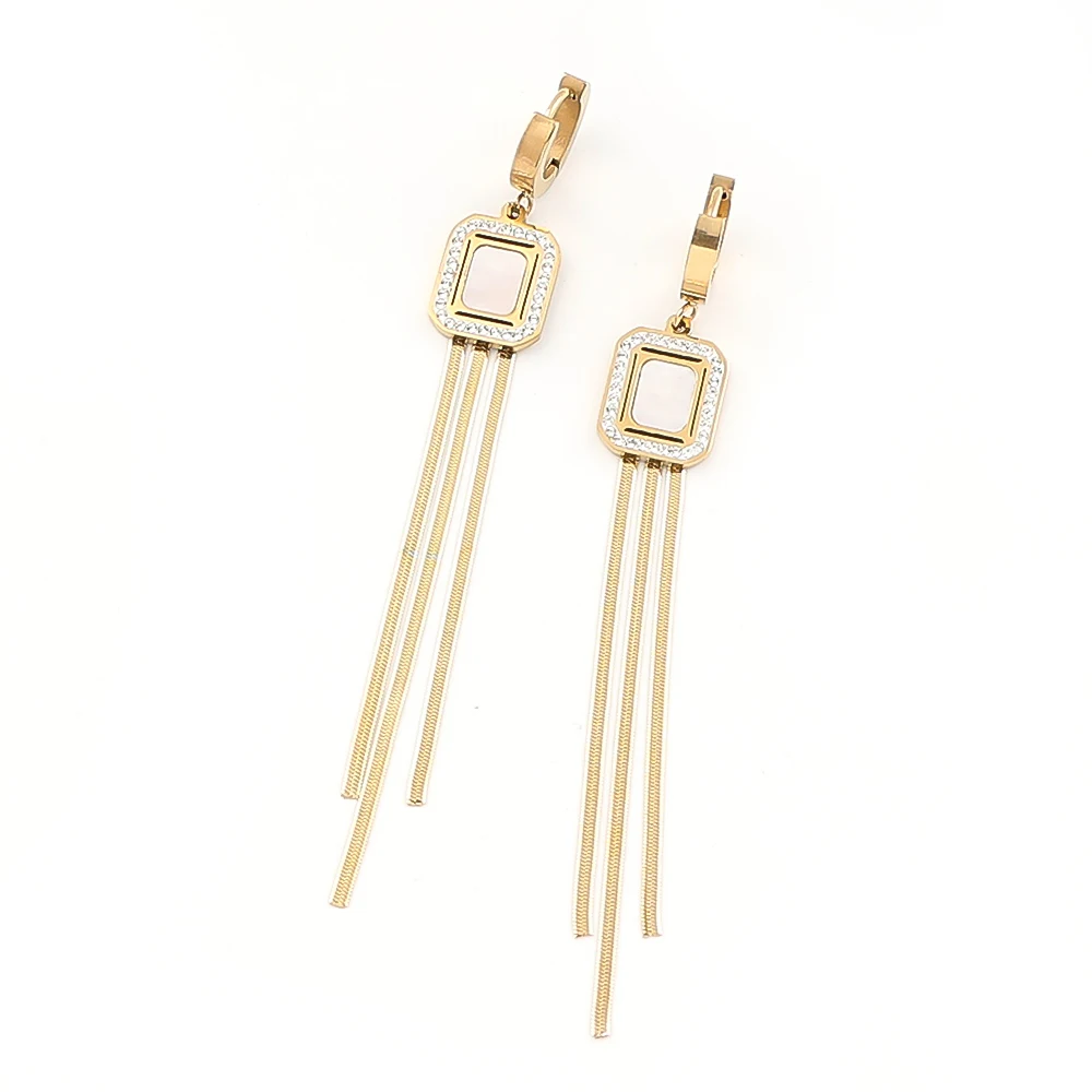 

Stainless Steel Rhinestones Long Tassel Pendant Earrings For Women Fashion Shell Square Statement Jewelry Wedding Party Gifts
