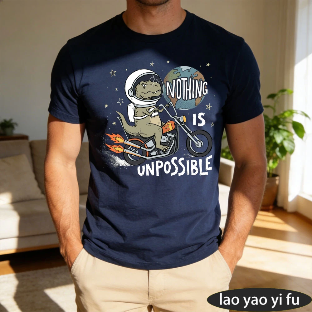 Vintage Space Dinosaur T-Shirt Men Funny T-Rex Astronaut Biker Graphic Tee Nothing Is Unpossible Casual Short Sleeve Tops