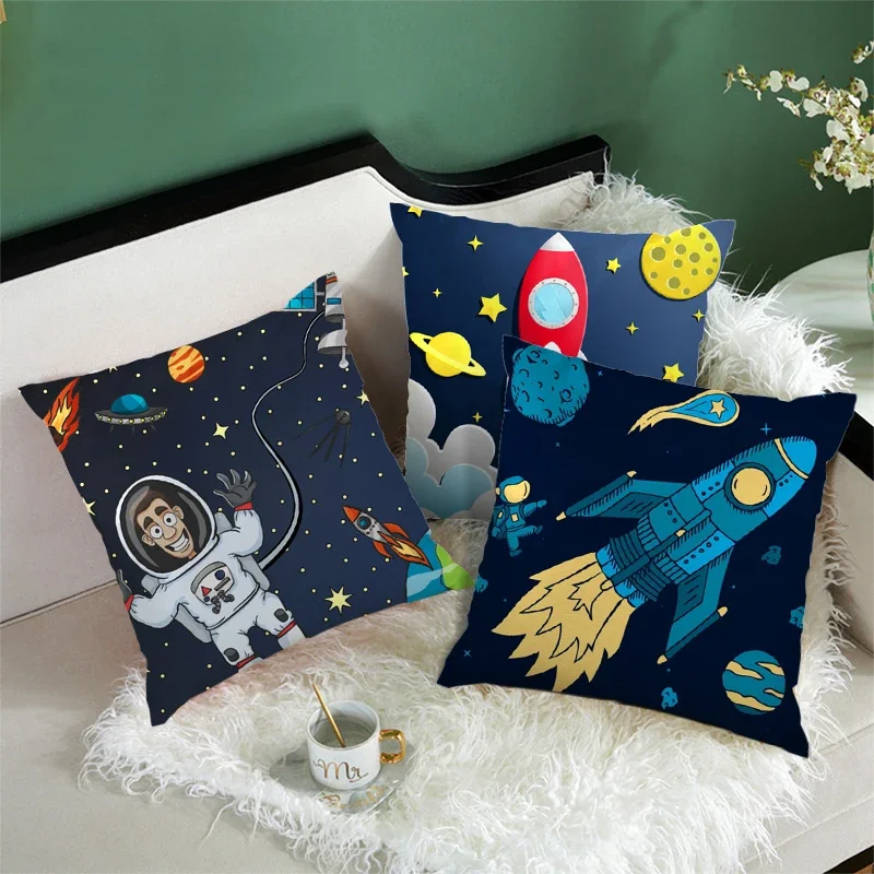 

Cartoon Spacecraft Cushion Cover Astronaut Rocket Decorative Pillowscase for Home Chair Space Pillow Decor