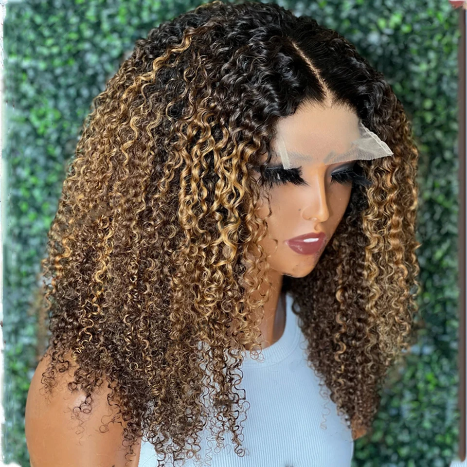 Peruvian 250% Density Kinky Curly Highlight Ombre Honey Brown Remy Human Hair Wig with Natural Hairline 4x4 5x5 Lace Closure Wig