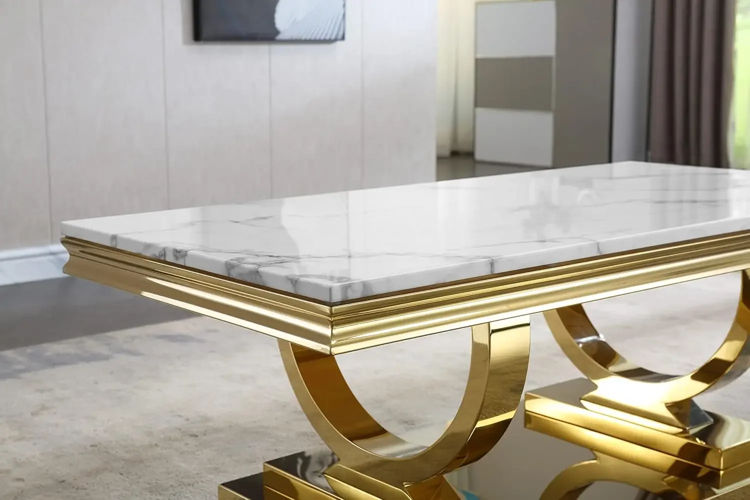 Modern Marble Coffee Table, Rectangular White and Gold Marble Tea Table with U-Shape Stainless Steel Base with Gold Mirrored